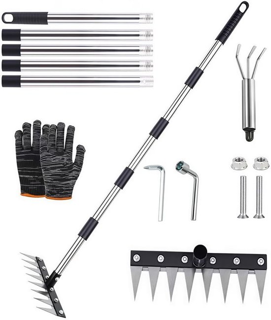 Onkruidsteker met lange steel, 185 cm, multifunctionele onkruidgereedschap, onkruidhark van roestvrij staal met 8 tanden, tuinhark, onkruidhark, hand voor gazon
