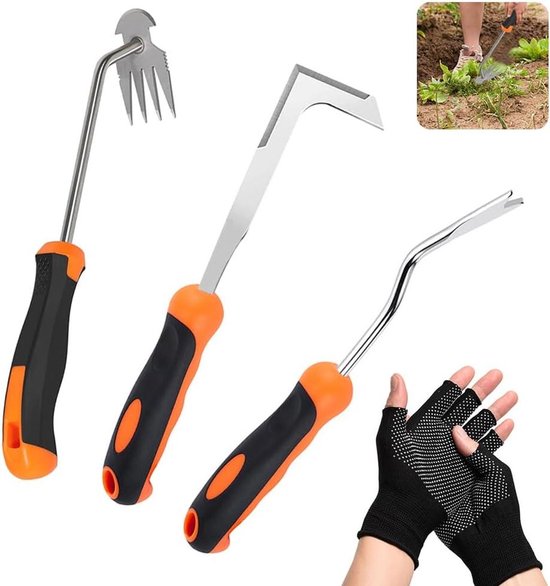 Onkruidsteker met rubberen handgreep - set van 3 - handig tuinhandgereedschap - onkruidverwijderaar - met steel - voor tuinieren - roestvrij staal - eenvoudig op te bergen - handonkruidsteker. van Merkloos	
