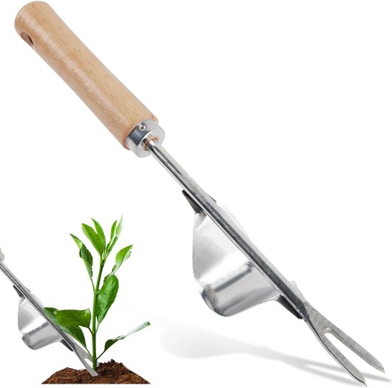 Onkruidsteker, roestvrij staal, handmatige onkruidsteker, onkruidsteker met houten handvat, handonkruidsteker, Y-vormige wieder voor tuingraven, wieden, verplanten van Lily Garden
