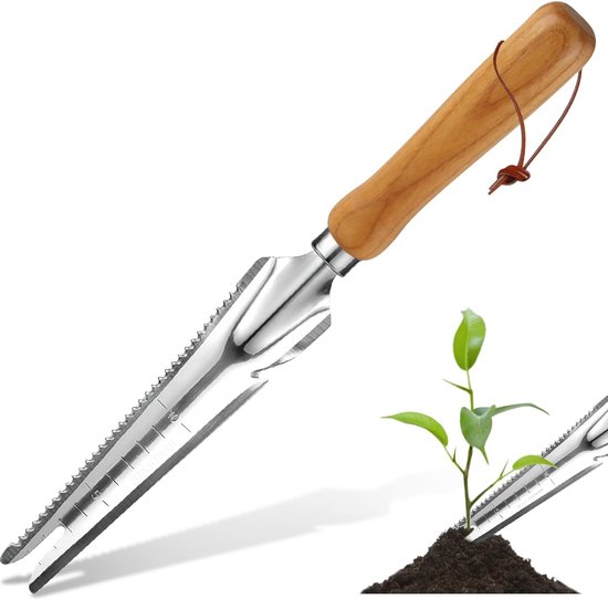 Onkruidsteker, roestvrij staal, handmatige onkruidwieder met houten handvat en afmetingen, onkruidsteker met houten handvat, onkruidjager voor wieden, verplanten, graven, snoeien van Housolution