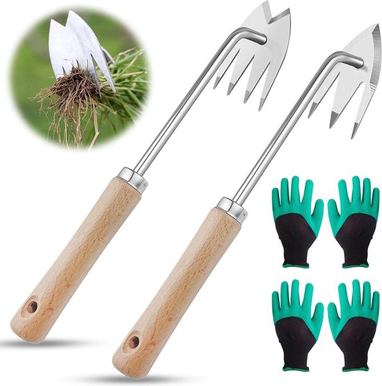 Onkruidsteker roestvrij staal met houten handvat - 2 stuks - graven verplanten wieden - 2 paar handschoenen van Kinzo Garden