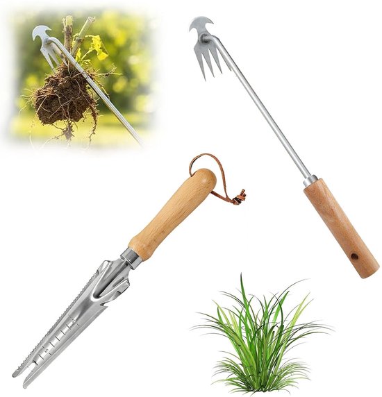 Onkruidsteker Set - Hout - 1 x 1 x 1 cm - Robuuste Onkruidverwijderaar met Houten Handgrepen - Voor Tuinonderhoud