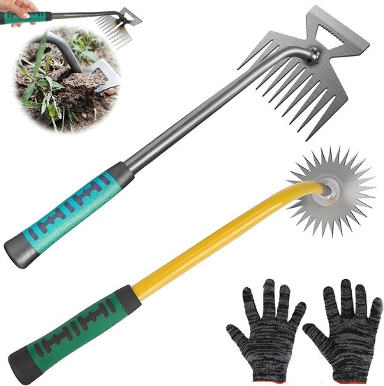 Onkruidsteker Set - Onkruidverwijderaar Tuin - Onkruid Verwijderen - 10 Tanden 2-in-1 - 39.5 cm - Groen van Merkloos	