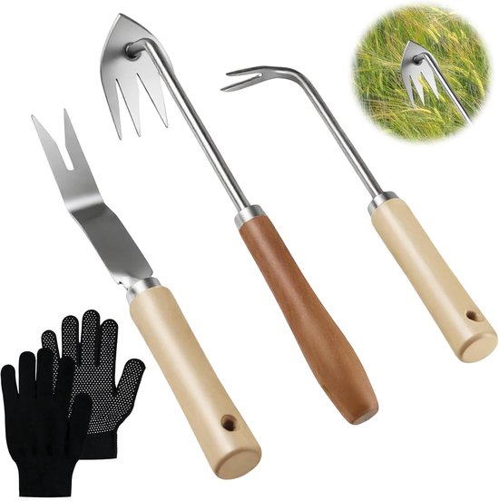 Onkruidsteker Set - Roestvrij Staal - 30 cm - 4-delig Tuingereedschap met Houten Handvatten - Voor Volwassenen