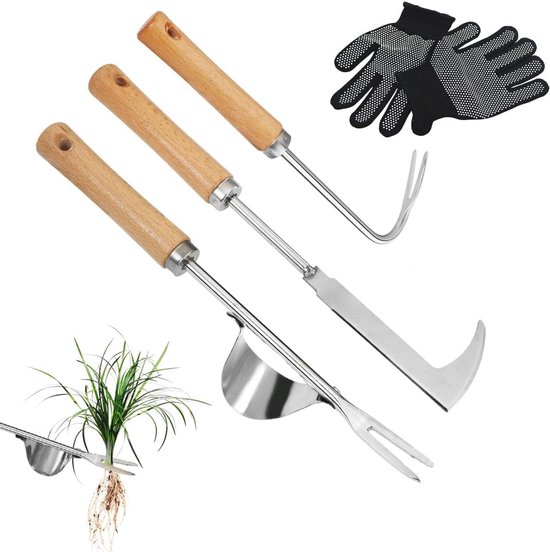 Onkruidsteker Set van 3 - Handgereedschap voor Tuinieren met Antislip Handschoenen - Ideaal voor Wieden en Graven van Merkloos	