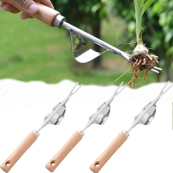 Onkruidsteker - set van 3 - roestvrij staal - natuurhouten handvat - bodem losmaken weed cutter van Kinzo Garden