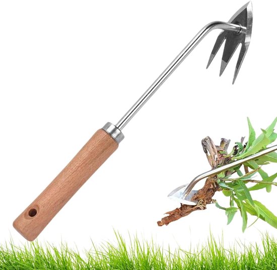 Onkruidsteker Tuin - Handgrasmaaier - Gazon Onderhoud - Drietanden Ontwerp - 34 cm - Houten Handvat