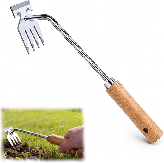 Onkruidsteker - Tuingereedschap - Onkruid Verwijderen - Roestvrij Staal - 32 cm - Houtkleur