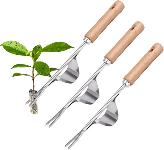 Onkruidsteker van roestvrij staal - 3 stuks - onkruidverwijderaar - apparaat met houten handvat - handmatige wieden - losmaken - handmatige wieder - leeuwentandtrekker - grasmaaier voor de tuin - tuingereedschap van Merkloos	