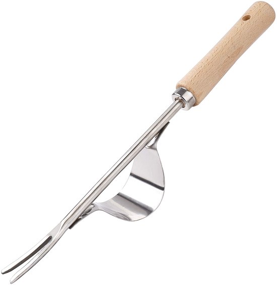 Onkruidsteker voor in de tuin, handmatige weeder, roestvrijstalen onkruidjager, tuinwerk, vork met natuurlijk houten handvat voor graven, wieden, losmaken, 32 cm lang, 1 stuk