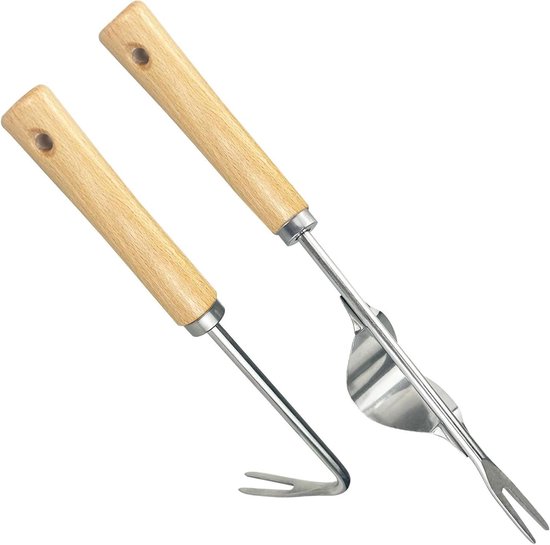 Onkruidstekers Roestvrij Staal - Wortelwieder Tuin - Tuinieren Onkruid Wieden - Ergonomisch Houten Handvat - 2 Stuks - Zilver van Merkloos	