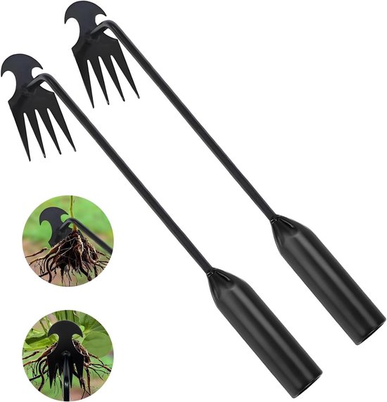 Onkruidstekers Set - Tuingereedschap Onkruidverwijderaar - Tuinonderhoud - Viertand Ontwerp - 40 cm - Zwart