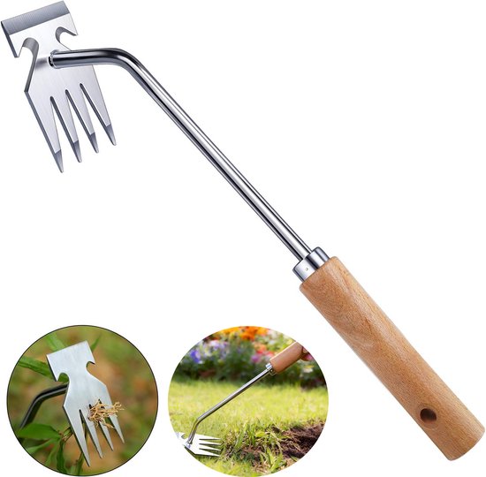 Onkruidtrekker Handmatig - 33cm - Handharkje - Wortelverwijderaar - RVS & Hout - 191 g - Tuinonderhoud - Zilver van Merkloos	