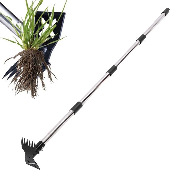 Onkruidtrekker Lange Steel - Staande Weder - Onkruid Verwijderen - 2 in 1 Hark - Verstelbaar 16-60 inch - Zilver