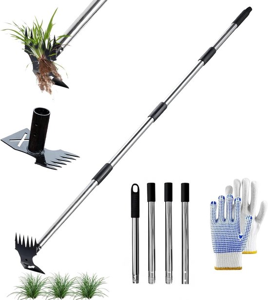 Onkruidtrekker Lange Steel - Tuinhark Schoffel - Staand Onkruid Wieden - 2-in-1 Kop - 150 cm - Grijs
