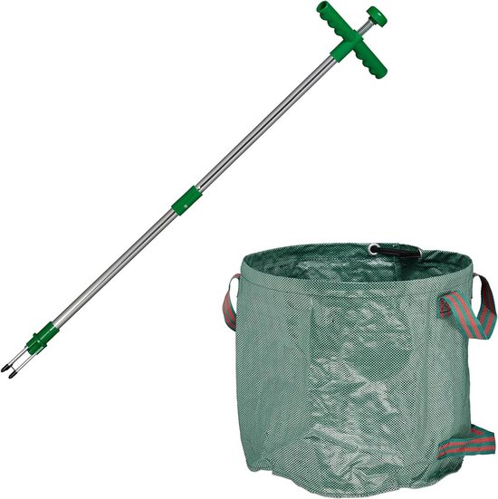 Onkruidtrekker met tuinafvalzak - Waterdicht - Onkruidsteker met lange steel 99 cm - Groen weed cutter van Kinzo Garden