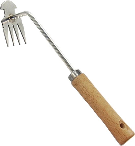 Onkruidtrekker - Onkruidverwijderaar - Onkruid Steker - rvs - 4-tandige onkruidsteker voor dubbel gebruik - Handmatig tuingereedschap met lange steel - houten handvat - Tuingereedschap - Geschenken van de tuinier