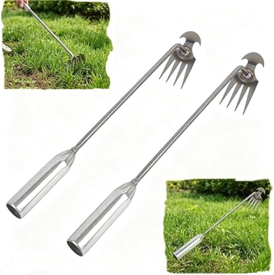 Onkruidtrekker Set - Wieden Gereedschap - Gazon Onderhoud - 4 Duurzame Tanden - 2 Stuks - Zilverkleurig