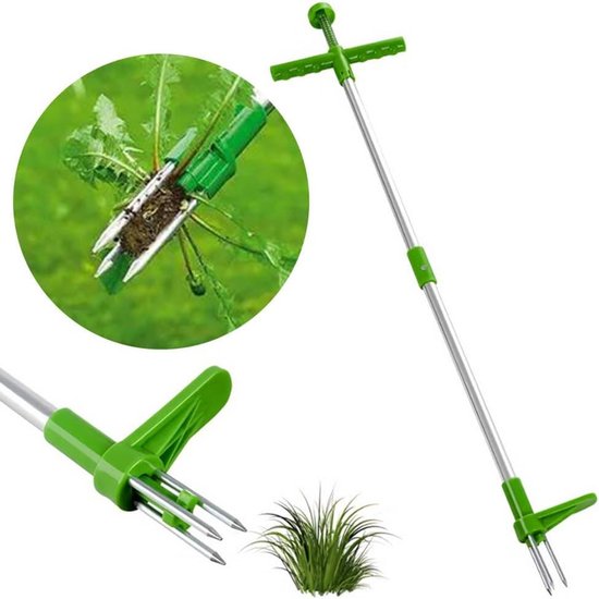 Onkruidtrekker Staand - Wortelverwijderaar Tuin - Gazon Onderhoud - Lange Steel - 3 Klauwen - Zilverkleurig