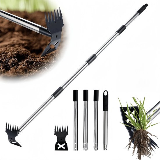 Onkruidverwijderaar met 148 cm lange steel - 2-in-1 handmatige onkruidverwijderaar - Tuinhark en schoffel - Onkruidverwijderaar voor tuin, gazon, terras, moestuin