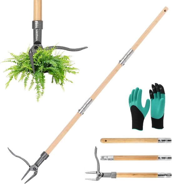Onkruidverwijderaar met 4 metalen klauwen, antislip voetpedaal en bamboe handvat, ideaal voor effectief onkruid steken en tuinonderhoud, 111 cm lange steel