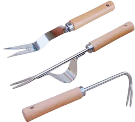 Onkruidverwijderaar-Onkruidsteker Set 3-delig - RVS Onkruidwieder met Gekartelde Rand -- Worteltrekker met Houten Handvat - Voegenreiniger en Handmatige Wieder voor de Tuin- Professioneel Tuingereedschap van Merkloos	