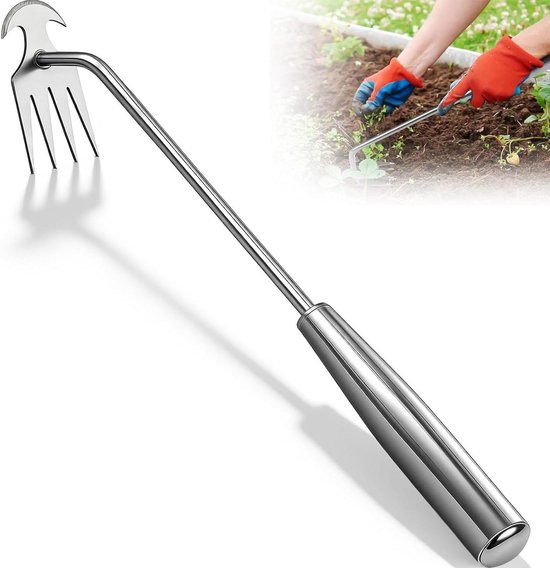 Onkruidwieder met Handvat - Tuinwieder Graver - Onkruid Verwijderen - Viertanden Design - 30 cm - Zilver