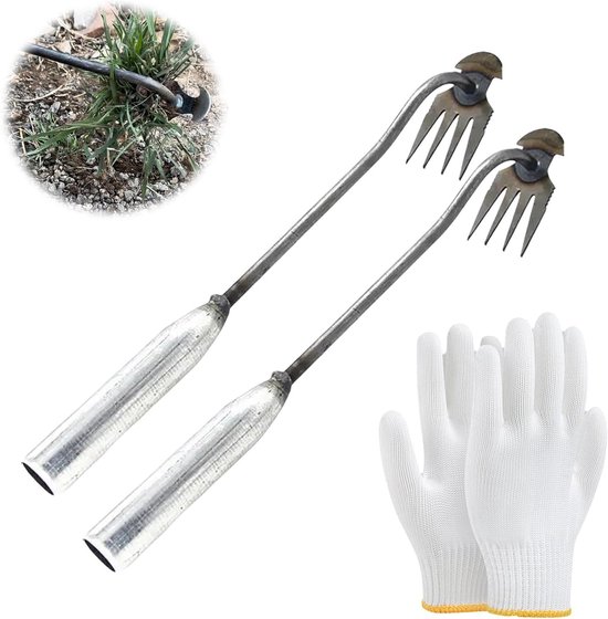 Onkruidwieder Set - Wiedegereedschap Tuin - Onkruid Verwijderen - 4 Scherpe Tanden - 35 cm - Zilver van Onkruidwieder