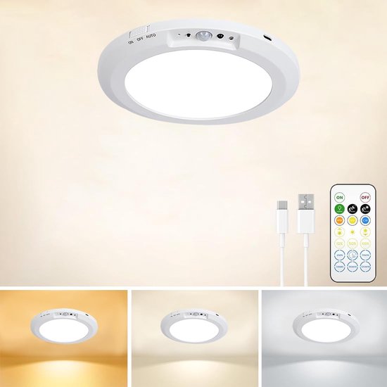 Oplaadbare Bewegingssensor Plafondlamp - LED Plafondverlichting met 3 Kleuren en Helderheden - Sensor Plafondlampen voor Kasten, Douche, Trappen, Gang van Merkloos	