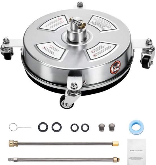 Oppervlaktereiniger voor Hogedrukreiniger - Terrasreiniger 32,5 cm - RVS - 4 Wielen - Max. 4000 PSI (275 bar) - 6,35 mm Snelkoppeling - 2 Sproeiers en 2 Verlengstangen van Merkloos	