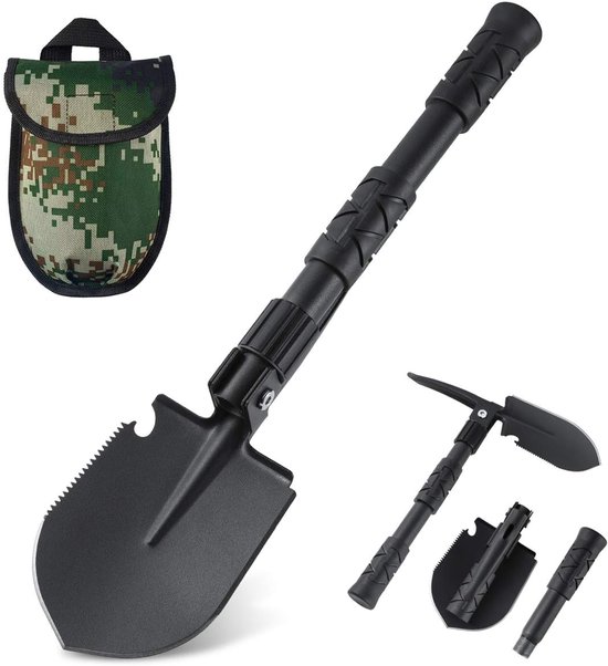 Opvouwbare schep Kampeerschep Multifunctioneel gereedschap Militaire schep Zwaar uitgevoerd legeringsstaal Auto-overlevingsschep Tactische schep voor offroad, sneeuwnoodsituaties, tuinieren, wandelen, backpacken en vissen van Patronay
