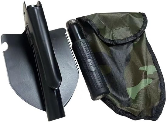 Opvouwbare schep, militair groen camouflage, metalen constructie, 4-in-1 multifunctioneel ontwerp met ergonomische rubberen handgreep, geschikt voor kamperen, avontuur, tuinieren en noodgevallen van Merkloos	