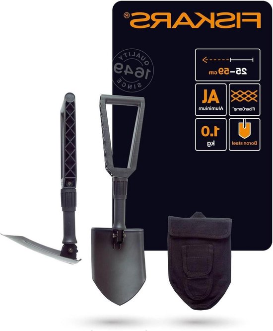 Opvouwbare spade voor kampeerders en bergbeklimmers - lengte 59 cm - gehard boorstaal - zwart - met canvastas van Merkloos	