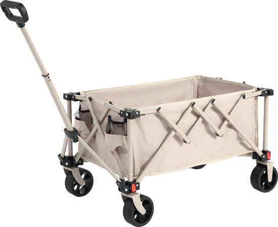 Opvouwbare transportkar — Wielen voor elk terrein & Robuust ontwerp — Opklapbare tuinwagen met verstelbare duwstang — Veelzijdige trekkar voor buiten (Beige)