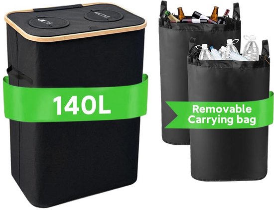 Opvouwbare Vuilnisbak met 2 Vakken en Draagtas - Grote Capaciteit (140L) - Ideaal voor Thuis, Camping en Strand van Merkloos	