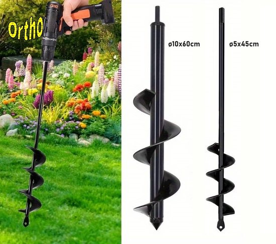 Ortho® - 2-Delige grondborenset voor boormachine - ø5x45 cm en ø10x60 cm - Bollenboor - Zwart - Eenvoudig in gebruik - Compacte handgrondboor - Set van Ortho®