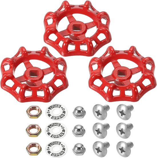 Outdoor Faucet Handle - Square Stem Hole 9x9mm - Cast Steel Round Wheel Replacement Water Spigot Handle met Schroeven en Spacer - Rood - 3 Stuks van Merkloos	