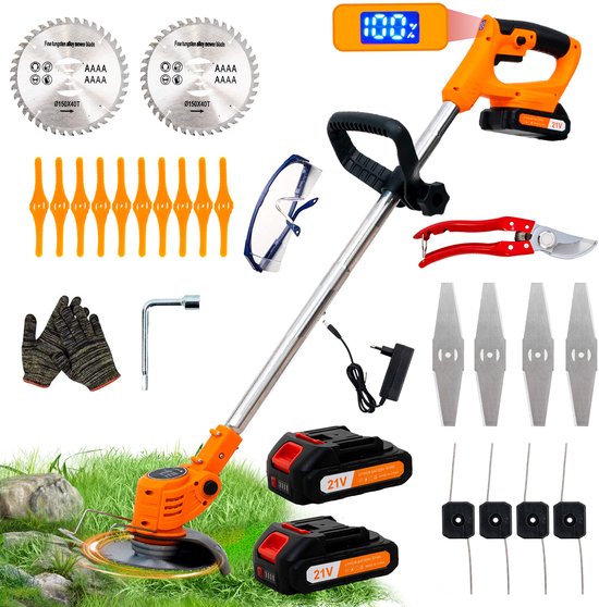 OUTIGO Accu grastrimmer met accu - Accu grasmaaier - 4 soorten messen - 2 x 21V accu's - opvouwbaar - perfect voor de tuin van Merkloos	