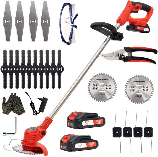 OUTIGO Accu grastrimmer met accu, verstelbare telescopische geleidehandgreep, gazonkantentrimmer met 2 accu's 21V en 4 mestypen + 1 tuinschaar van OUTIGO