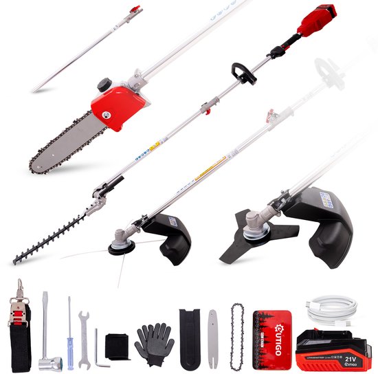 OUTIGO Accu Tuingereedschap 4-in-1 - snoerloze multifunctionele tuingereedschap met lange steel: grastrimmer, kettingzaag, bosmaaier, heggenschaar, met 1,2 m verlengsnoer en 1*4Ah accu van Merkloos	