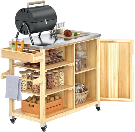 Outsunny-Grillwagen-Stahl, Tannenholz-134,5L x 50B x 91,5H cm-Naturholz van Merkloos	
