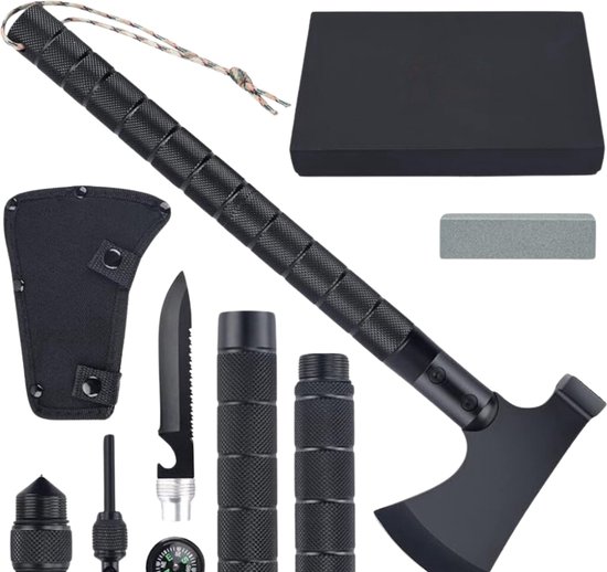 Overlevingspakket - Survival Bijl - 11-in-1 Multitool Bijl - Outdoor bijl met 11 Functies - Bijl, Vuursteen, Mes, Wetsteen, Zaag, Hamer en Nog Veel Meer - Ideaal Overlevingsgereedschap - Zwart