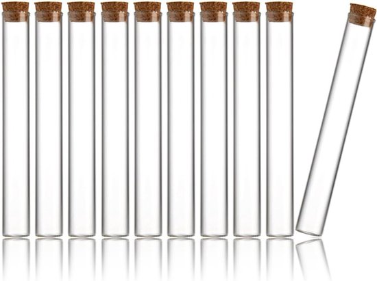Pack of 10 Plastic Test Tubes - Urinary Tubes - Analysis Urine Tubes - 12 x 75 mm - Transparent Glass with Cork Stopper - Laboratory Propagation Plants - Wetenschappelijk Laboratoriummateriaal van Merkloos	