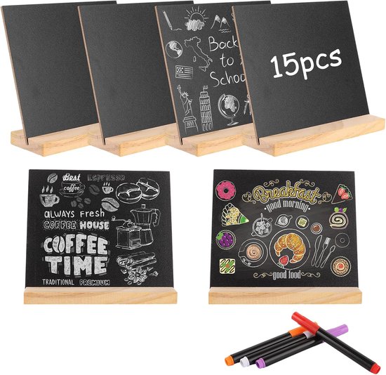 Pack of 15 Kleine Schoolborden - Kleine Schoolborden voor Schrijven - Mini Borden met Pedestal en Krijt Pennen - Buffet Borden - Prijslabels - Staander voor Trouwen - Verjaardag - Bar van Merkloos	
