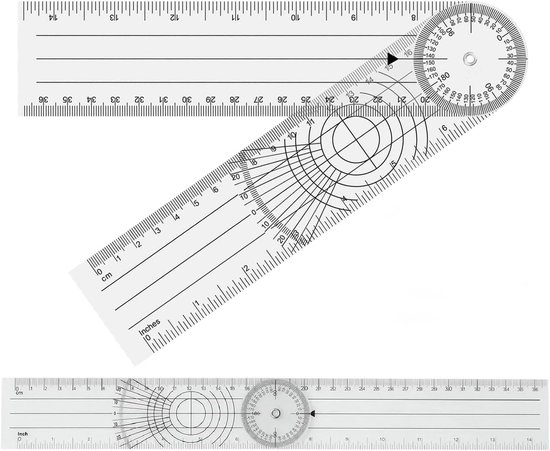 Pack of 2 Goniometer - Protractor - Angle Gauge - PVC - Medical Protractor - 360 Degrees - Transparent Hinge Knife - 36 cm - Angle Ruler voor Physiotherapie - Sports Therapie van Merkloos	