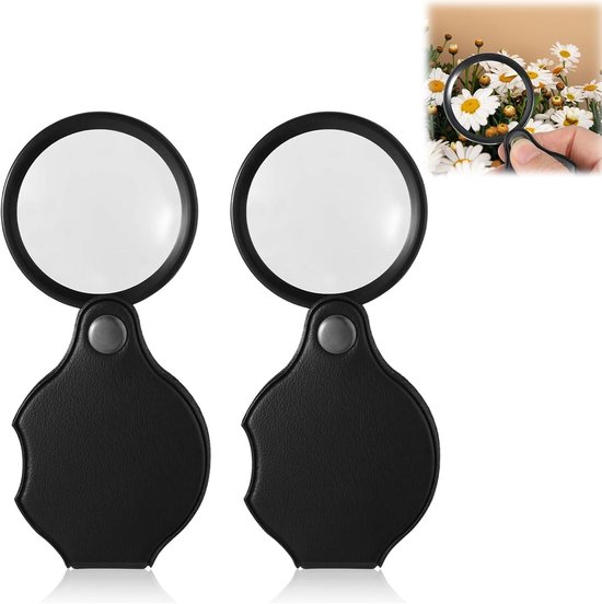 Pack of 2 Pocket Magnifier - Kleine Vergrootglas Sleutelhanger - 10-Weg Pocket Vergrootglas - Vouwbare Leesvergrootglas - Kleine Optische Glas met Leren Beschermhoes voor Lezen - Boeken - Kranten - Kaarten - Sieraden van Peurig.