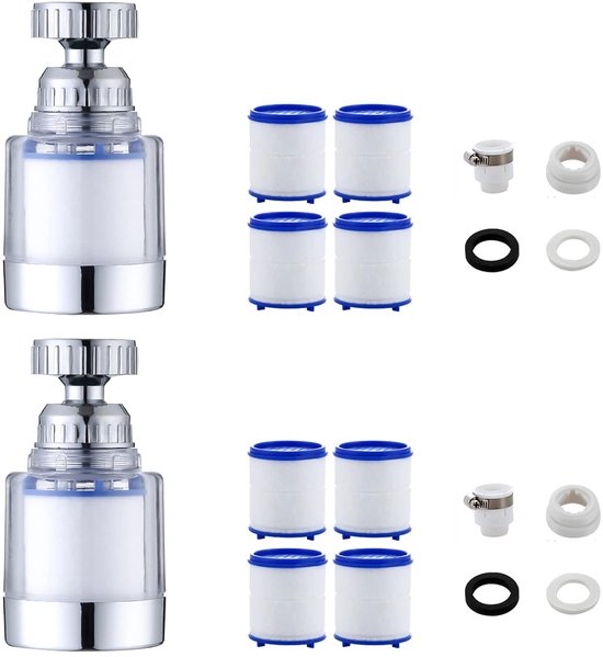 Pack of 2 Water Filters - 360° Water Filter - Faucet with 8 Filter Elements - Universal Adapter for Sink - Drinking Water Filter voor Keuken en Badkamer van Merkloos	