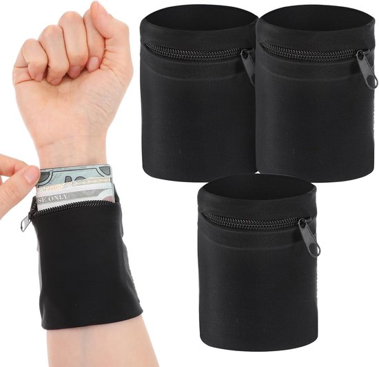 Pack of 4 Black Sweatbands - Wrist Wallet - Sweatbands Sports Wrist Bag with Zip Bag for Running - Jogging - Football - Basketball - Cycling van Merkloos	
