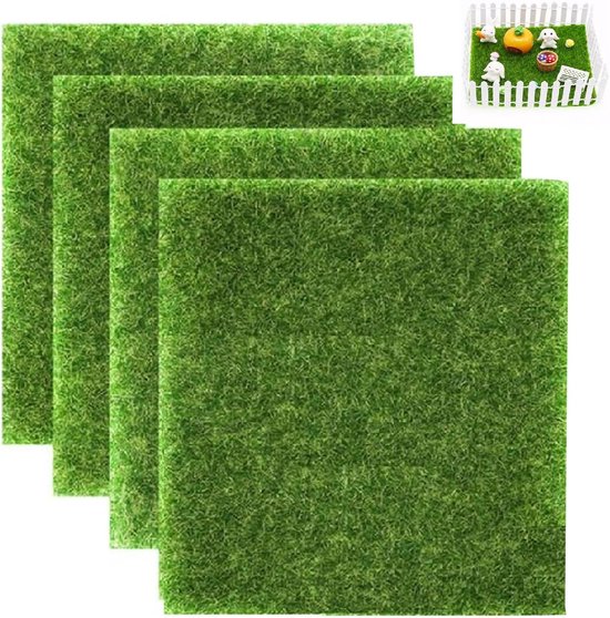 Pack of 4 - Miniature Garden Artificial Grass Carpet - 15 x 15 cm - Decoratie voor Miniatuur Ornamenten - Speelgoed voor Poppenhuis en Ambachten van Merkloos	