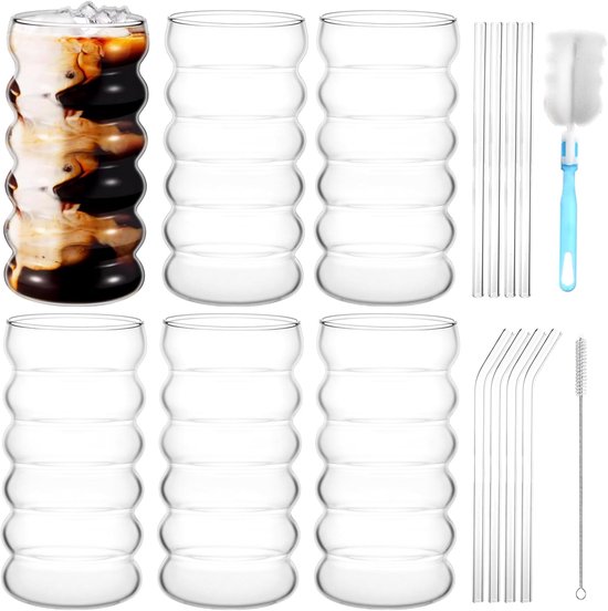 Pack of 6 Ice Coffee Glasses - 450ml Bubble Glasses met Glass Straws en Straw Brush - Transparante Ribbed Glazen voor Milk, Soda, Coke, Juice, Coffee, Drinks van Merkloos	